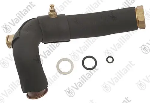 Vaillant Rohr mit gebogenem Ende, ummantelt mit schwarzem Material, geliefert mit drei Dichtungsringen und einer Unterlegscheibe.